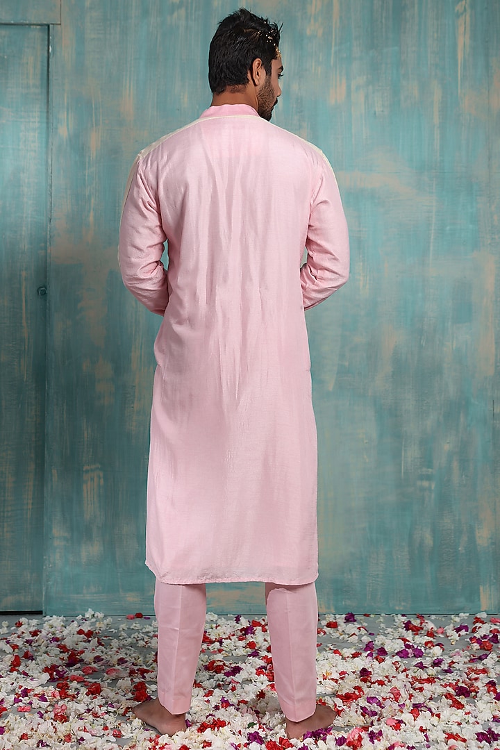 Salmon Pink & Biscuit Beige Silk Kurta Set by Smriti By Anju Agarwal Men at Pernia's Pop Up Shop