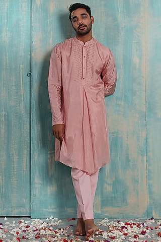 Onion Pink Silk Embroidered Kurta Set by Smriti By Anju Agarwal Men