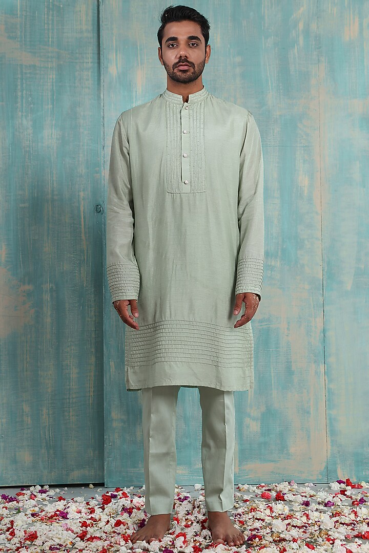 Pista Green Silk Kurta Set by Smriti By Anju Agarwal Men at Pernia's Pop Up Shop
