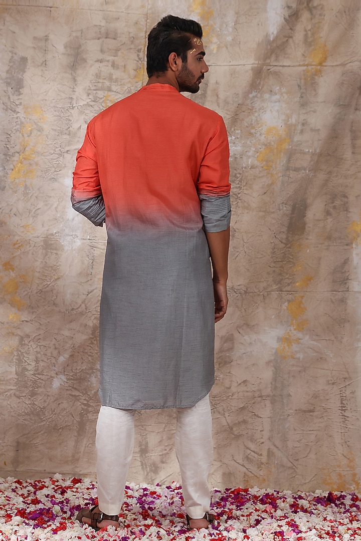 Sunset Orange & Smokey Grey Kurta Set by Smriti By Anju Agarwal Men at Pernia's Pop Up Shop