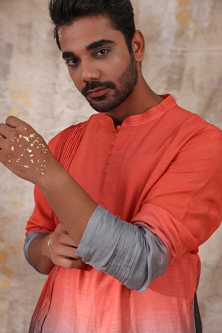 Sunset Orange & Smokey Grey Kurta Set by Smriti By Anju Agarwal Men at Pernia's Pop Up Shop