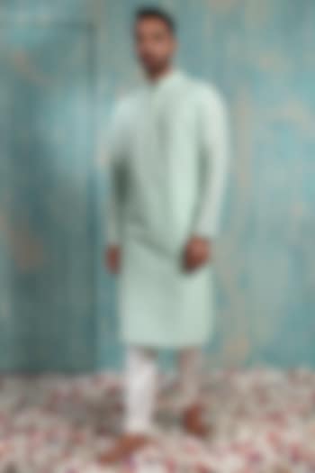 Mint Green Cotton Silk Tikki Work Kurta Set by Smriti By Anju Agarwal Men at Pernia's Pop Up Shop