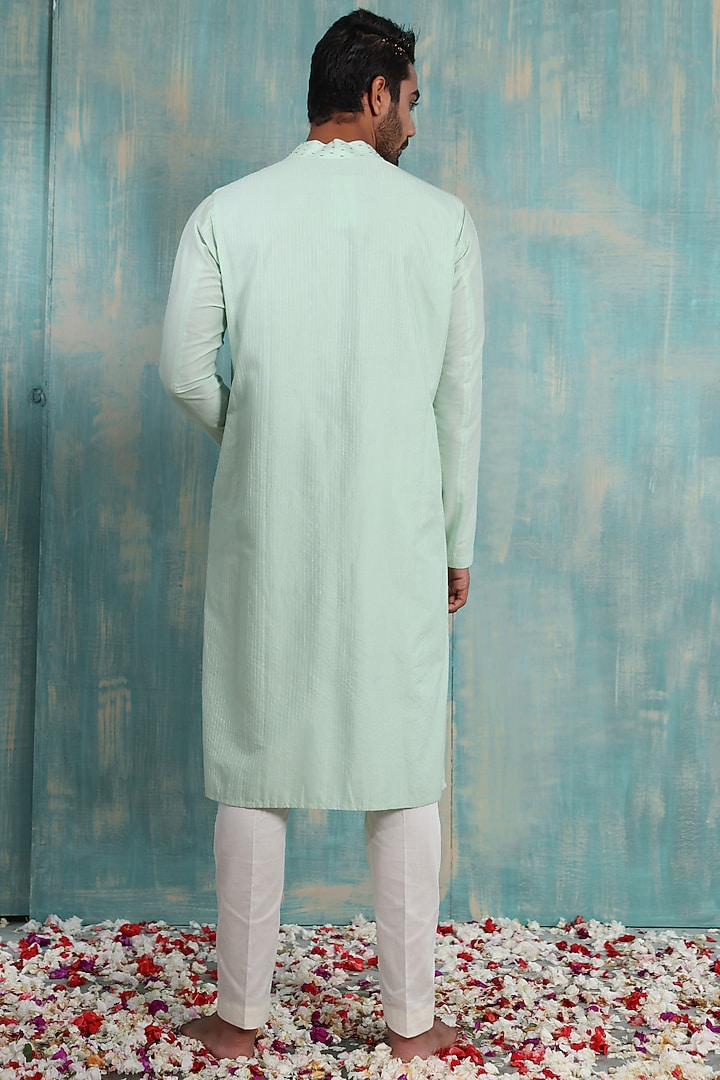 Mint Green Cotton Silk Tikki Work Kurta Set by Smriti By Anju Agarwal Men at Pernia's Pop Up Shop