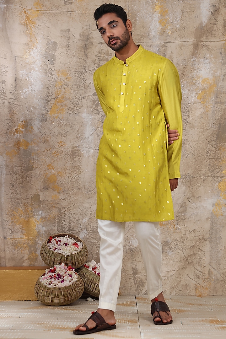 Avocado Green Embellished Kurta Set by Smriti By Anju Agarwal Men