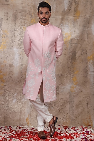 Blush Pink Silk Resham Work Sherwani Set by Smriti by Anju Agarwal Men