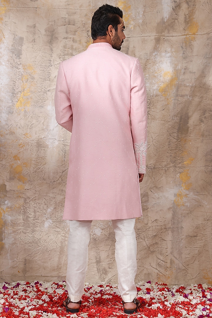 Blush Pink Silk Resham Work Wedding Sherwani Set by Smriti by Anju Agarwal Men at Pernia's Pop Up Shop