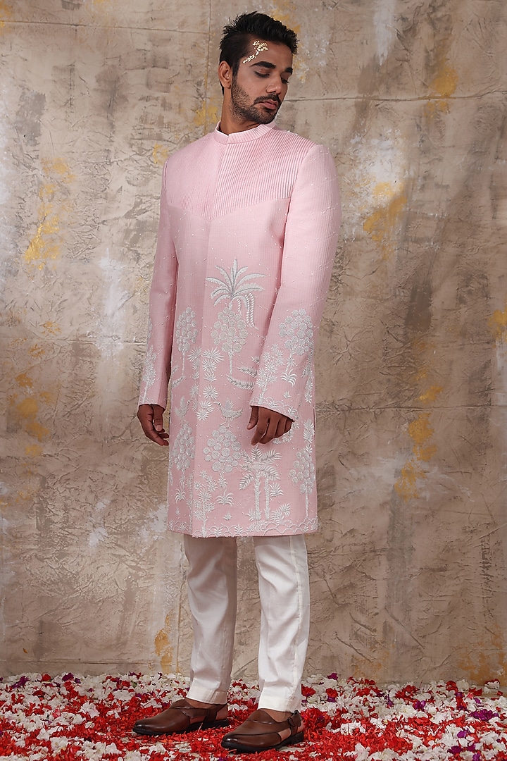 Blush Pink Silk Resham Work Wedding Sherwani Set by Smriti by Anju Agarwal Men at Pernia's Pop Up Shop