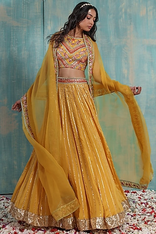 Fresh Yellow Embroidered Lehenga Set by Smriti by Anju Agarwal