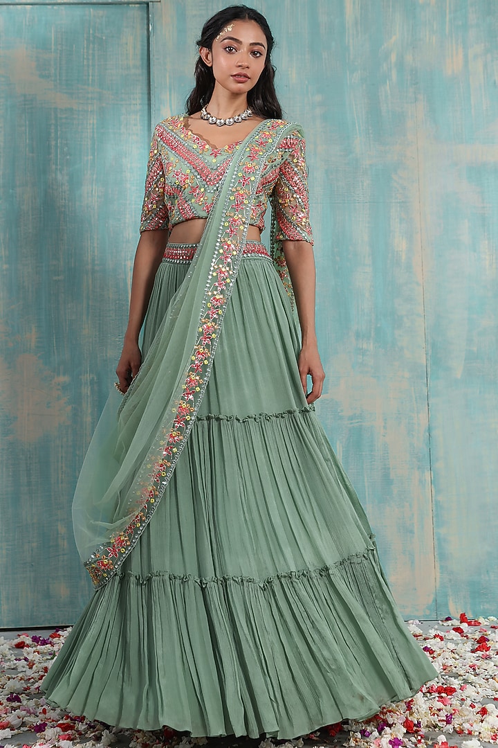 Olive Green Chinnon Wedding Lehenga Set by Smriti by Anju Agarwal at Pernia's Pop Up Shop