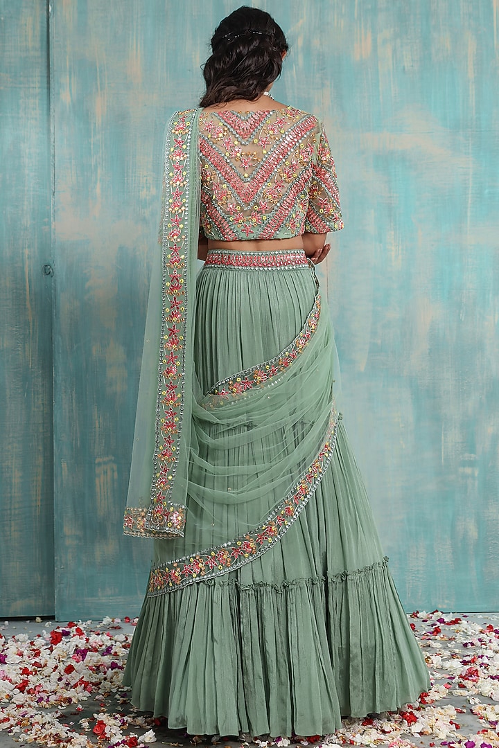 Olive Green Chinnon Wedding Lehenga Set by Smriti by Anju Agarwal at Pernia's Pop Up Shop