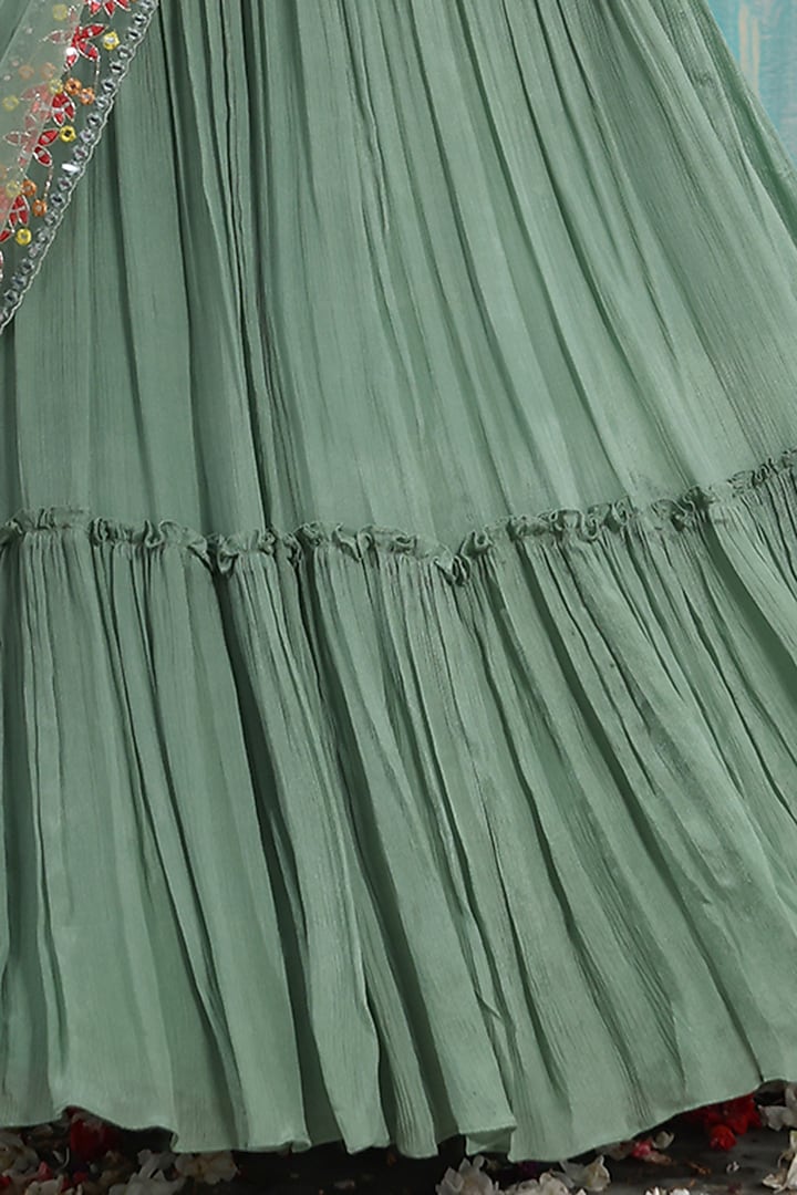 Olive Green Chinnon Wedding Lehenga Set by Smriti by Anju Agarwal at Pernia's Pop Up Shop