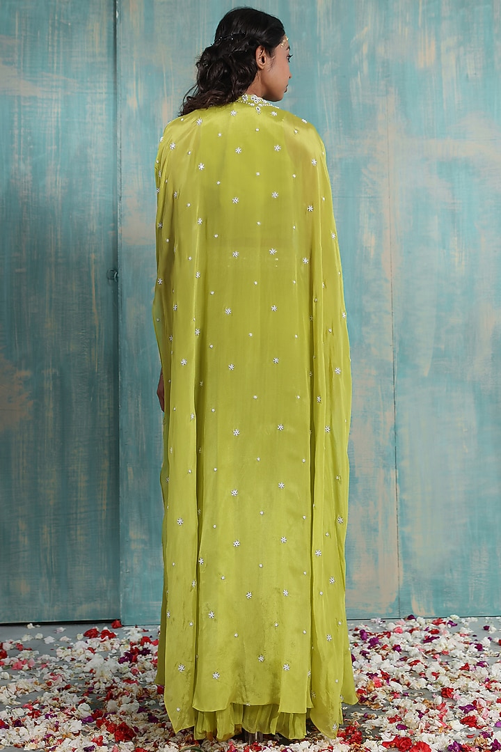 Parrot Green Chinon Jacket Wedding Lehenga Set by Smriti by Anju Agarwal at Pernia's Pop Up Shop