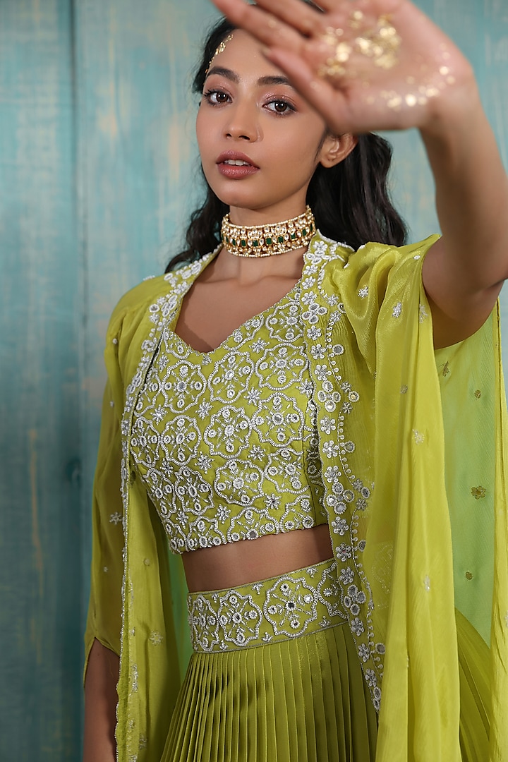 Pernia's Pop Up Shop - Smriti By Anju Agarwal Women Parrot Green Chinon Jacket Lehenga Set