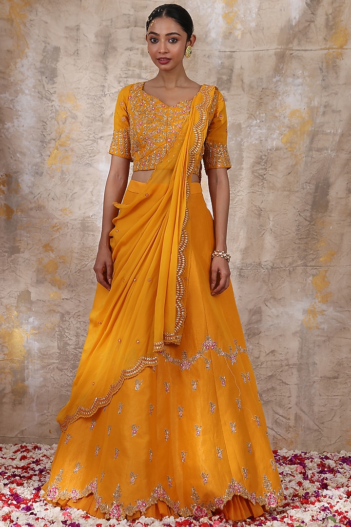 Mustard Yellow Embroidered Wedding Lehenga Set by Smriti by Anju Agarwal at Pernia's Pop Up Shop