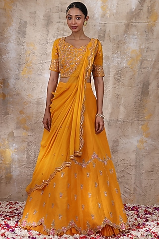 Mustard Yellow Embroidered Lehenga Set by Smriti by Anju Agarwal