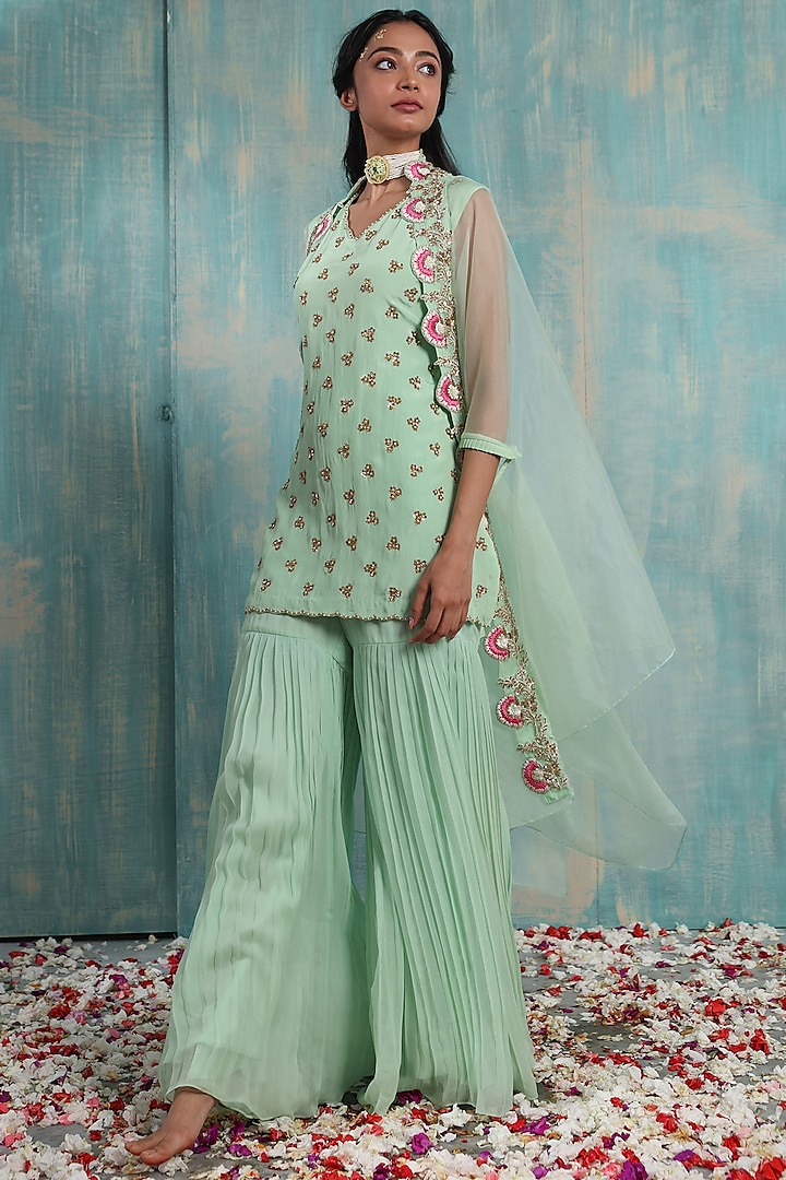 Mint Green Embroidered Sharara Set by Smriti by Anju Agarwal at Pernia's Pop Up Shop