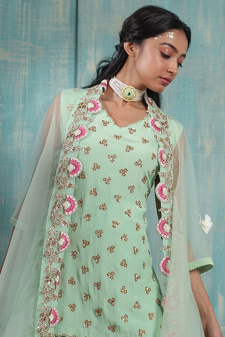 Mint Green Embroidered Party Wear Sharara Set by Smriti by Anju Agarwal at Pernia's Pop Up Shop