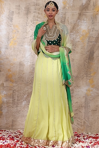 Amethyst & Emerald Green Crepe Lehenga Set by Smriti by Anju Agarwal