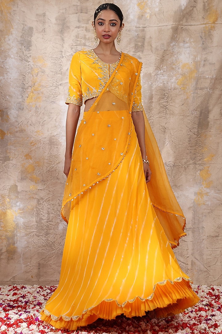 Yellow Amber Silk Embroidered Wedding Lehenga Set by Smriti by Anju Agarwal at Pernia's Pop Up Shop