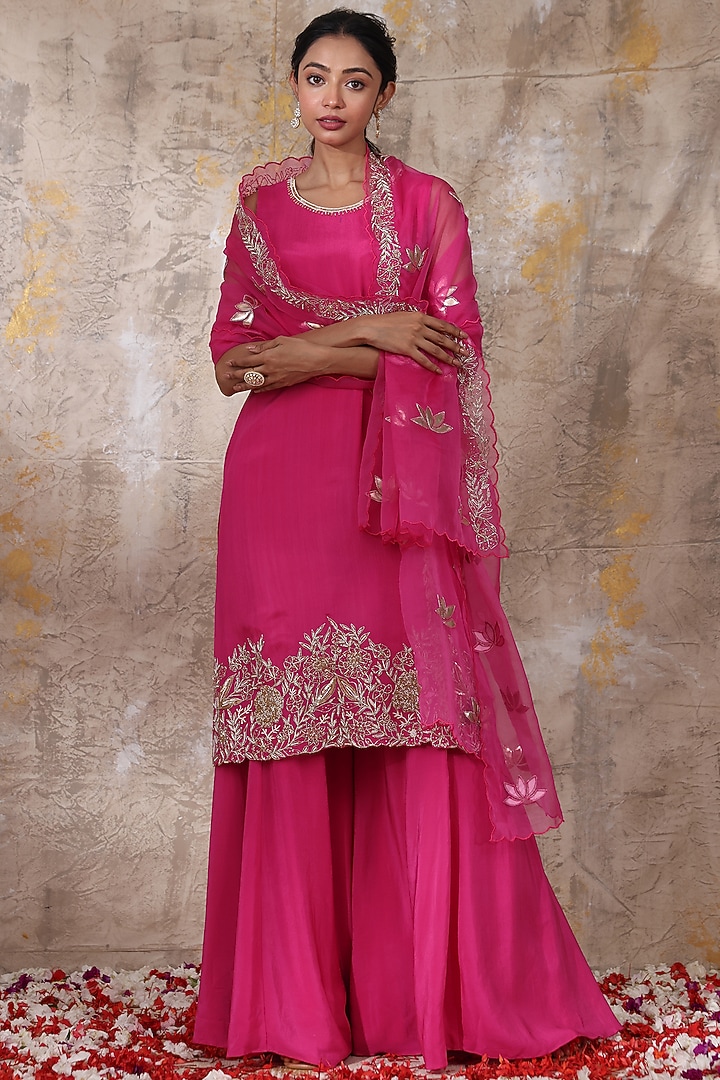 Rani Pink Crepe Wedding Sharara Set by Smriti by Anju Agarwal at Pernia's Pop Up Shop