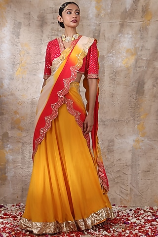 Golden Yellow Chinon Lehenga Set by Smriti by Anju Agarwal