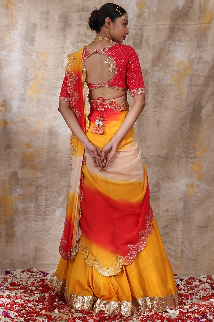 Golden Yellow Chinon Wedding Lehenga Set by Smriti by Anju Agarwal at Pernia's Pop Up Shop