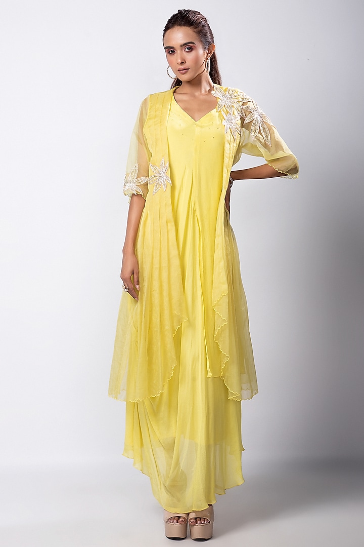 Yellow Chinon Taffeta & Organza Floral Embroidered Jacket Dress by Smriti by Anju Agarwal