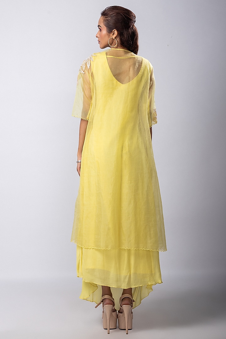 Yellow Chinon Taffeta & Organza Floral Embroidered Jacket Summer Dress by Smriti by Anju Agarwal at Pernia's Pop Up Shop