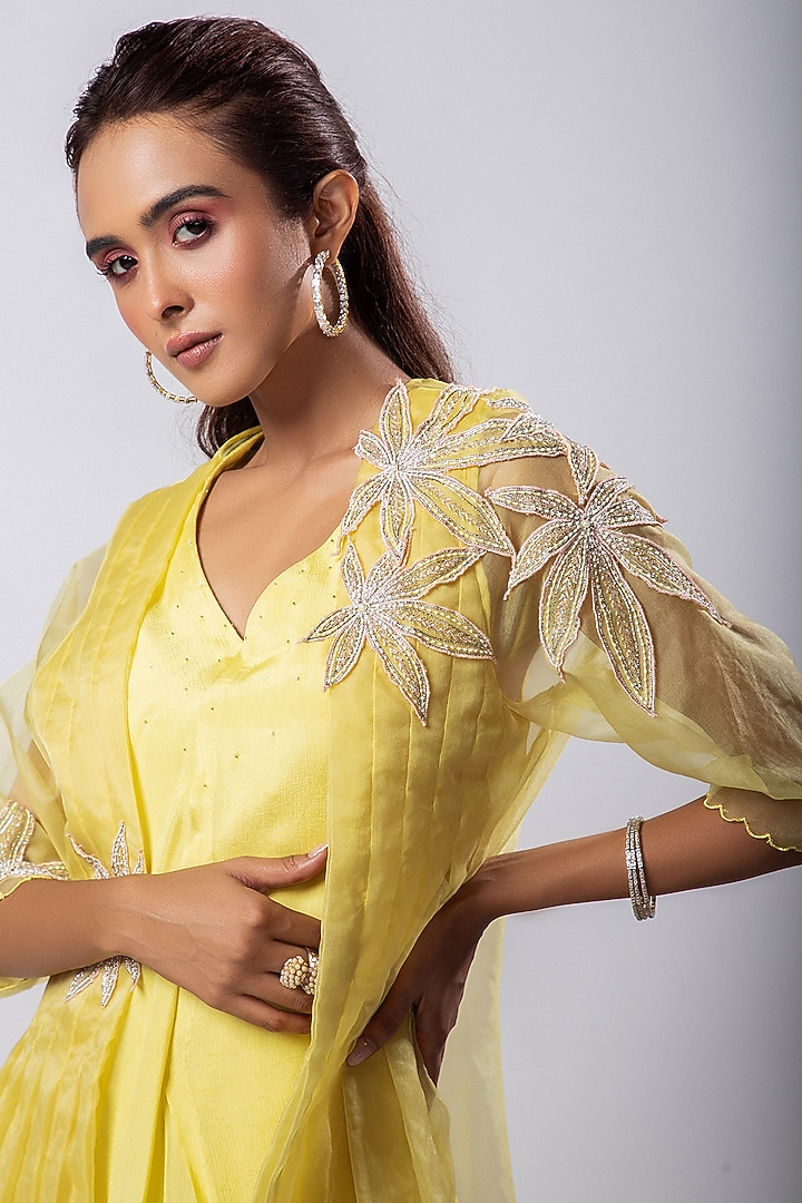 Yellow Chinon Taffeta & Organza Floral Embroidered Jacket Summer Dress by Smriti by Anju Agarwal at Pernia's Pop Up Shop
