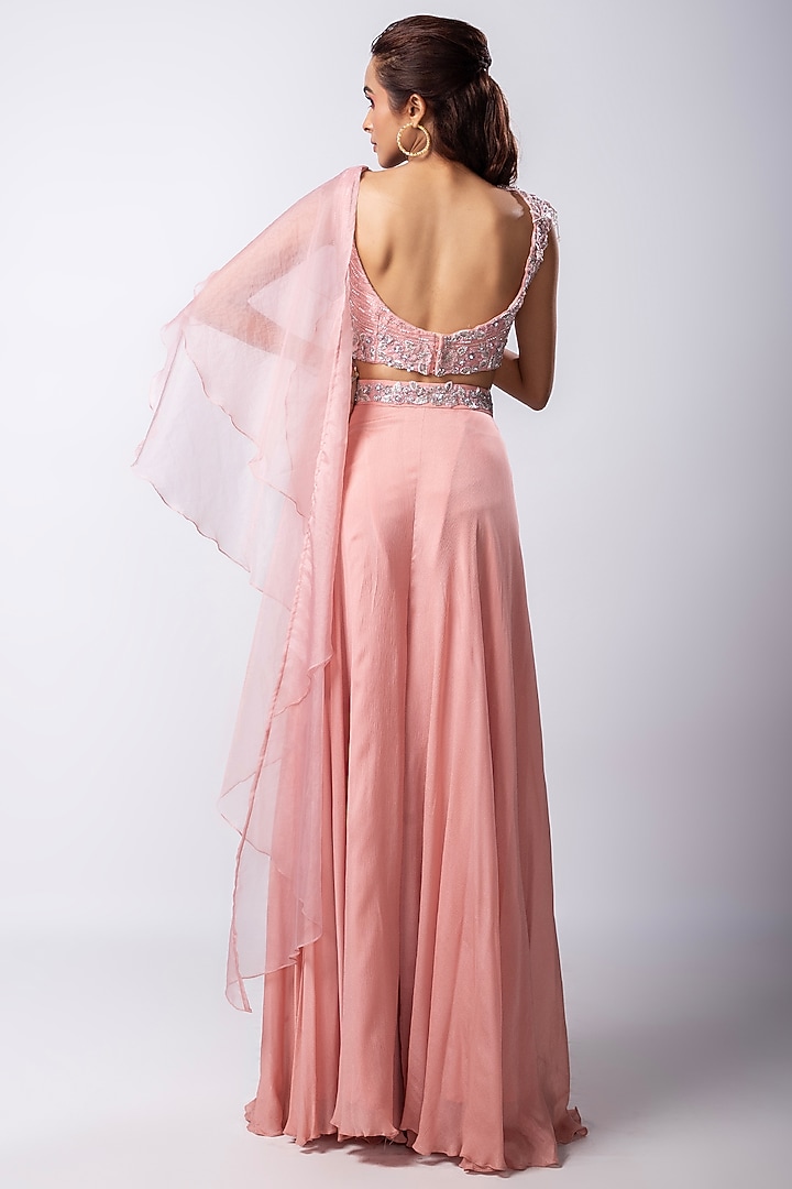 Pink Chinon Taffeta Silver Embroidered Draped Pant Wedding Saree Set by Smriti by Anju Agarwal at Pernia's Pop Up Shop