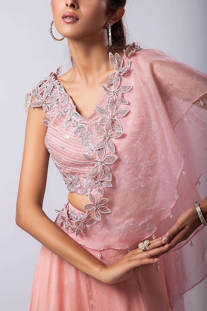 Pink Chinon Taffeta Silver Embroidered Draped Pant Wedding Saree Set by Smriti by Anju Agarwal at Pernia's Pop Up Shop