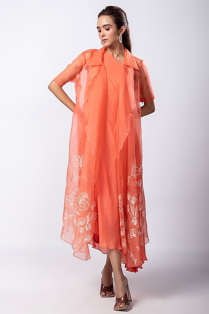 Orange Crepe Taffeta & Organza Jacket Dress by Smriti by Anju Agarwal