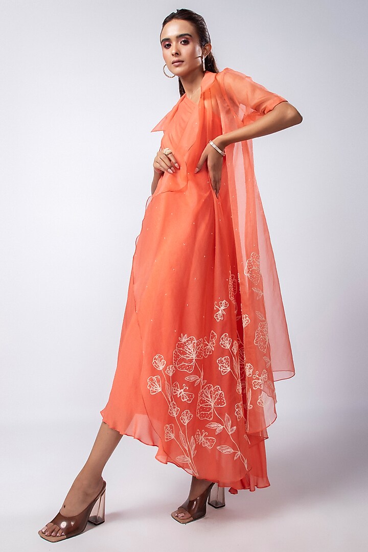 Orange Crepe Taffeta & Organza Jacket Vacation Dress by Smriti by Anju Agarwal at Pernia's Pop Up Shop