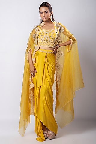 Yellow Organza Cutwork Embroidered Cape Set by Smriti by Anju Agarwal