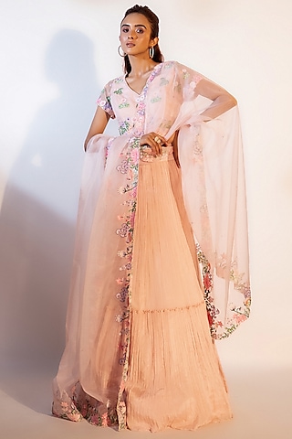 Peach Chinon Taffeta Gathered Lehenga Set by Smriti by Anju Agarwal