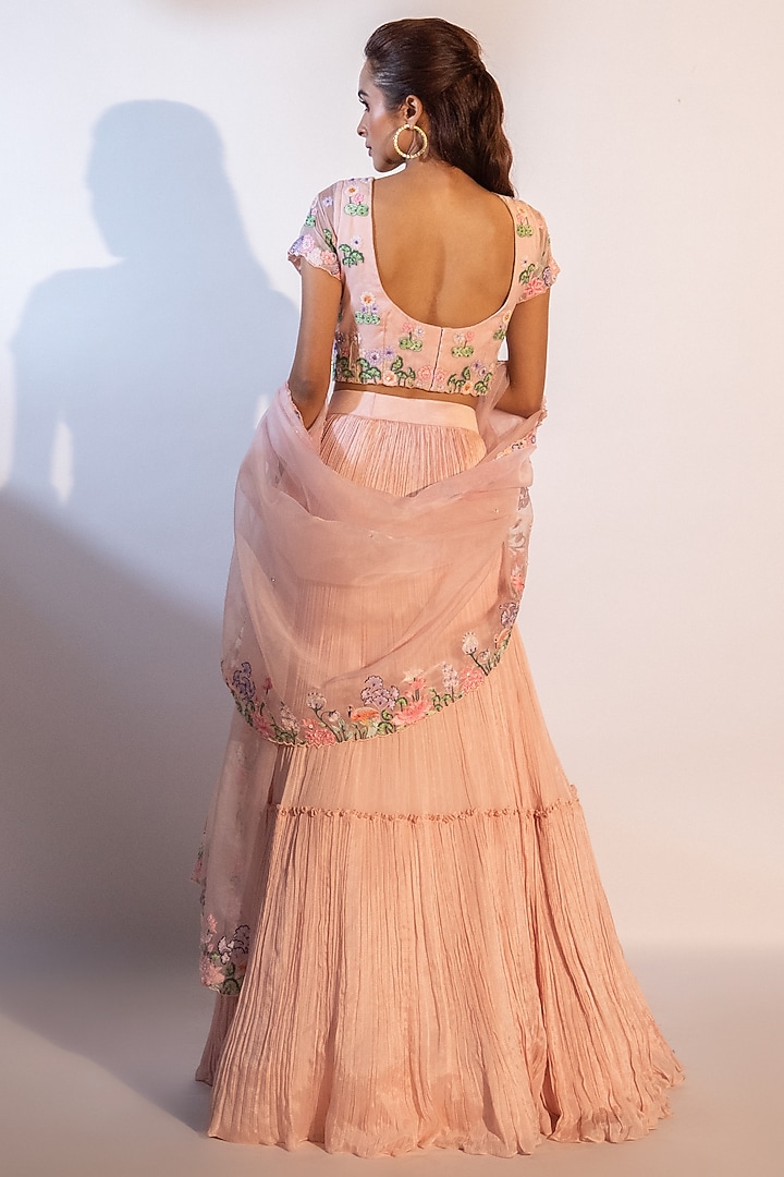 Peach Chinon Taffeta Gathered Wedding Lehenga Set by Smriti by Anju Agarwal at Pernia's Pop Up Shop