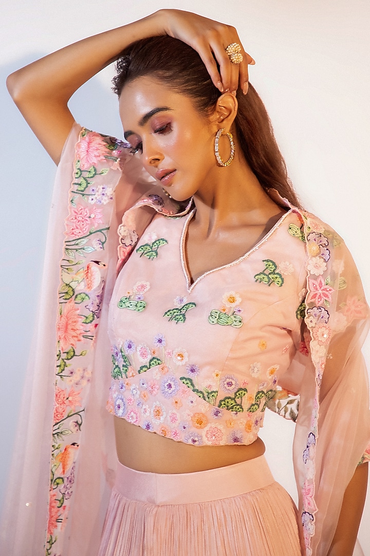 Peach Chinon Taffeta Gathered Wedding Lehenga Set by Smriti by Anju Agarwal at Pernia's Pop Up Shop