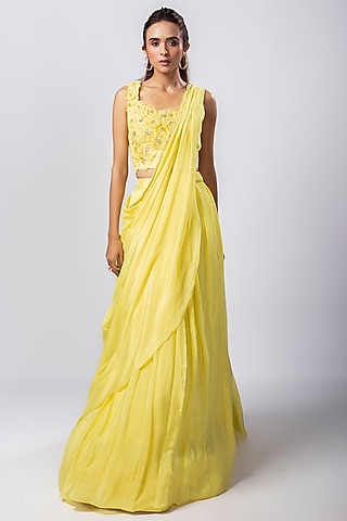 Yellow Chinon Taffeta Lehenga Set by Smriti by Anju Agarwal