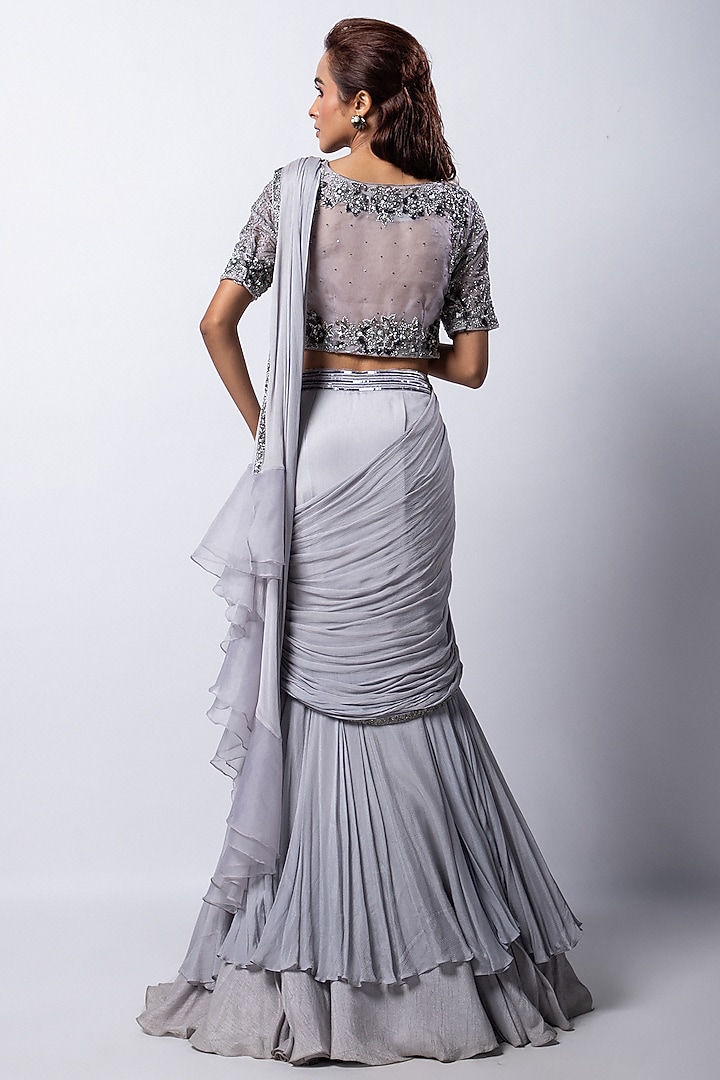 Grey Chinon Taffeta Draped Wedding Lehenga Saree Set by Smriti by Anju Agarwal at Pernia's Pop Up Shop