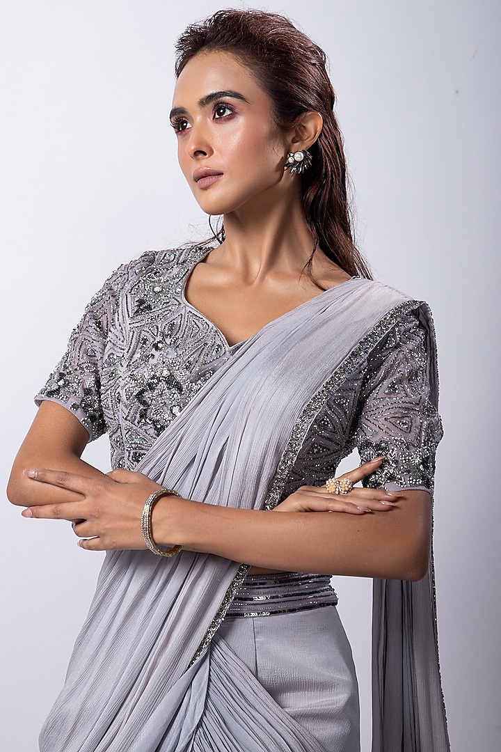 Grey Chinon Taffeta Draped Wedding Lehenga Saree Set by Smriti by Anju Agarwal at Pernia's Pop Up Shop