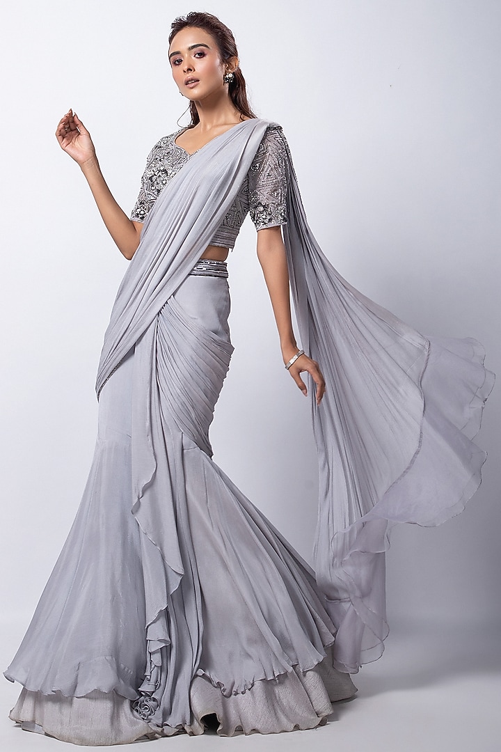 Grey Chinon Taffeta Draped Wedding Lehenga Saree Set by Smriti by Anju Agarwal at Pernia's Pop Up Shop