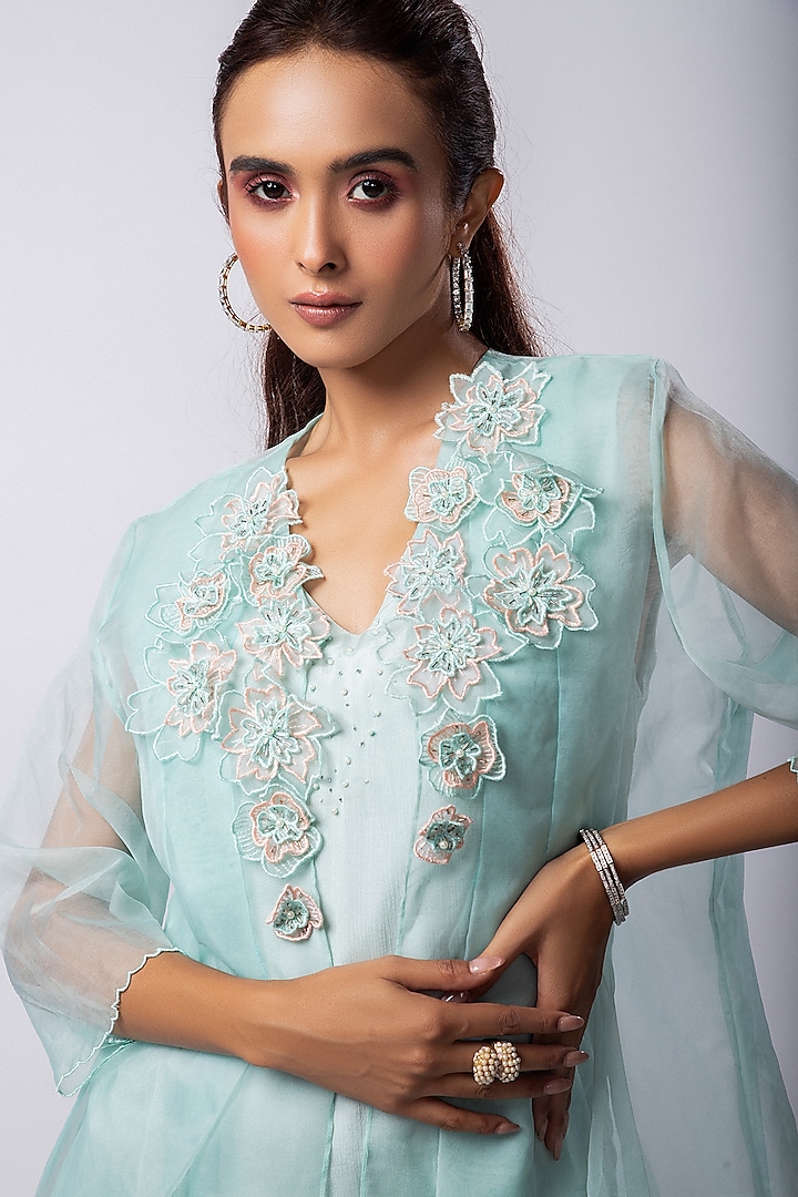 Light Green Chinon Taffeta Layered Jacket Summer Dress by Smriti by Anju Agarwal at Pernia's Pop Up Shop