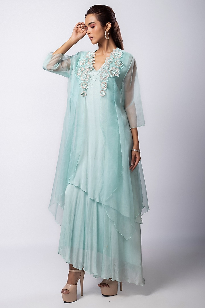 Light Green Chinon Taffeta Layered Jacket Summer Dress by Smriti by Anju Agarwal at Pernia's Pop Up Shop