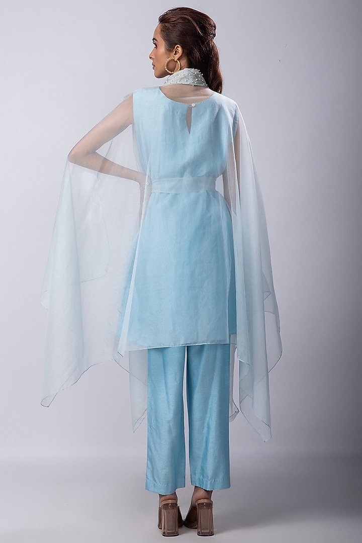 Blue Organza Cutdana Embroidered Cape Set by Smriti by Anju Agarwal at Pernia's Pop Up Shop
