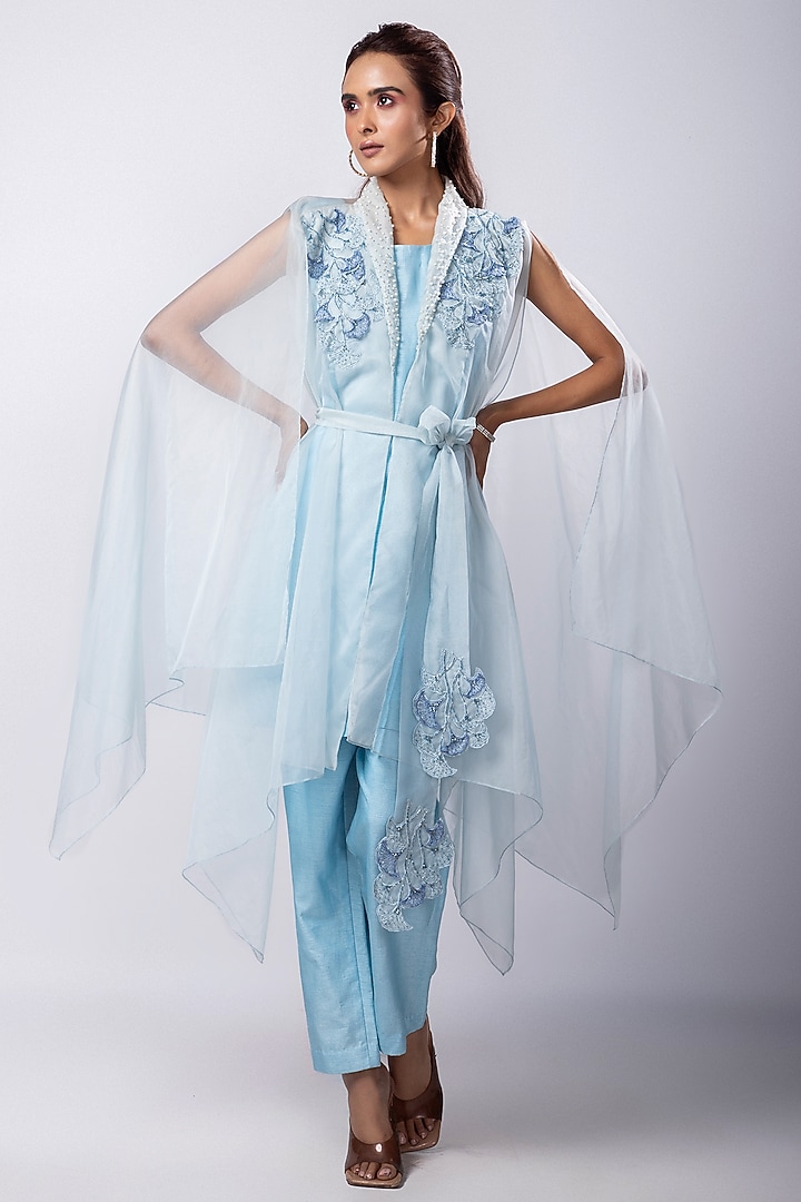 Blue Organza Cutdana Embroidered Cape Set by Smriti by Anju Agarwal at Pernia's Pop Up Shop