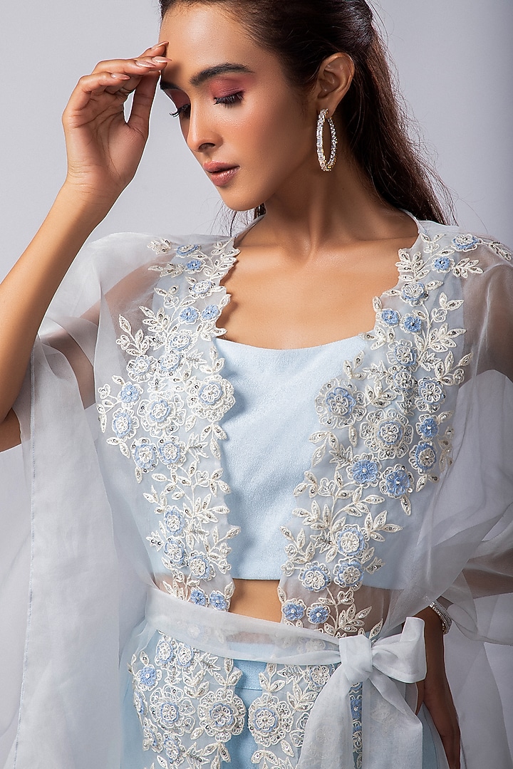Blue Organza Beads Embellished Cape Set by Smriti by Anju Agarwal at Pernia's Pop Up Shop