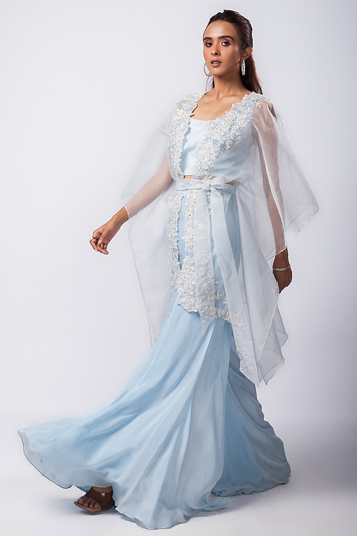 Blue Organza Beads Embellished Cape Set by Smriti by Anju Agarwal at Pernia's Pop Up Shop