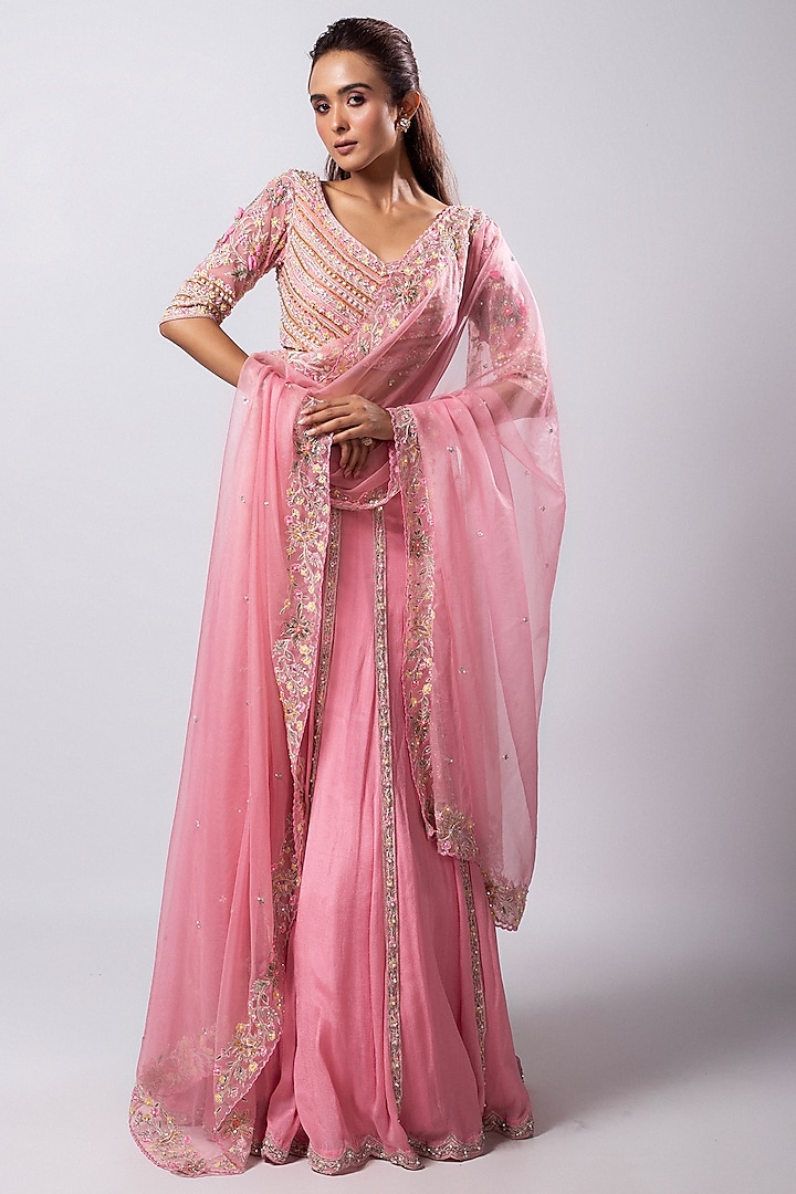 Pink Chiffon Taffeta Sequins Embroidered Lehenga Set by Smriti by Anju Agarwal
