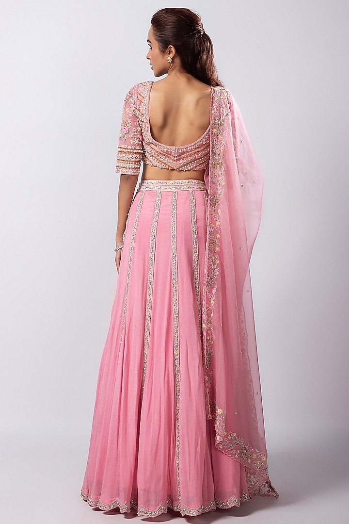 Pink Chiffon Taffeta Sequins Embroidered Wedding Lehenga Set by Smriti by Anju Agarwal at Pernia's Pop Up Shop