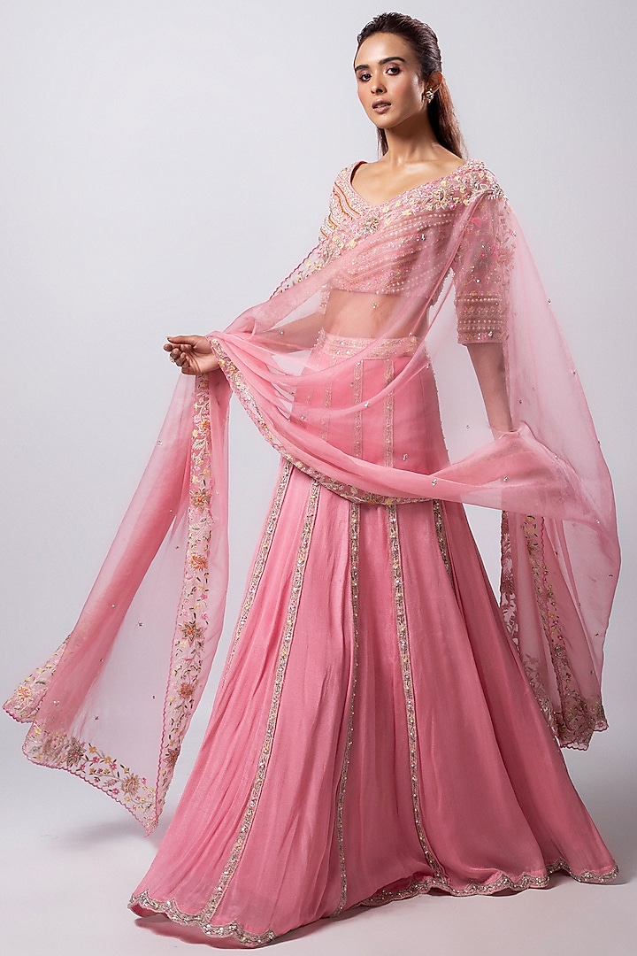 Pink Chiffon Taffeta Sequins Embroidered Wedding Lehenga Set by Smriti by Anju Agarwal at Pernia's Pop Up Shop